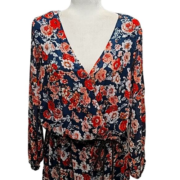 New Look Navy Red Pink Tan & White Floral V- Neck Rope Tie at Waist Sz 2X (NWT) - Picture 5 of 15